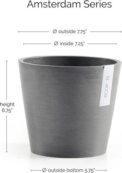 Ecopots Amsterdam Durable Modern Round Indoor/Outdoor Recycled-Based Composite Flower Pot Planter, Grey, 8"