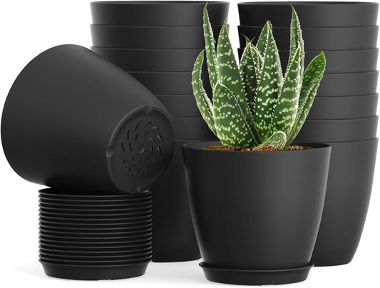 16 Pack 4 Inch Plant Pots with Drainage Holes and Saucers, Pots for Plant Indoor, Plastic Planters for Succulents and Small Plants, Black