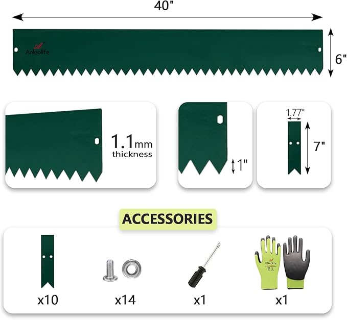 A ANLEOLIFE 6 Pack 40" LX 6" H Galvanized Steel Garden Landscape Edging, Bendable Hammer-in Metal Lawn Border with Gloves and 10 Stakes (20FT Total) (6 inch Tall, Green)