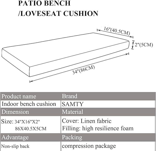 Bench Seat Memory Foam Chair Pads Non-Slip Rubber Back Indoor Swing/Settee Cushion 34 x 16 inch