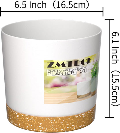 ZMTECH Plant Pots, Set of 6 6.5'' Self Watering Plastic Planter with Drainage Hole and Saucer,Modern Decorative Flower Pot for Indoor Outdoor House Plants, Succulents, Flowers - White