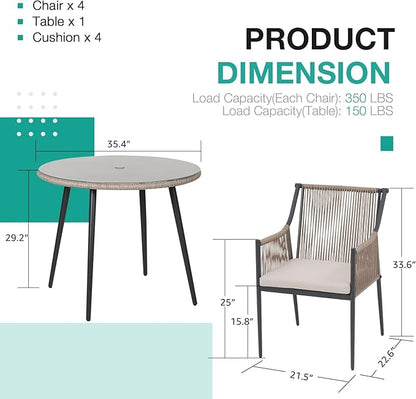 Patiorama 5-Piece Patio Dining Set, Outdoor Dining Table Chair Set, All-Weather Embossed Rattan Wicker Rope Conversation Set, Patio Furniture Set w/Umbrella Hole, 4 Cushioned Chairs&Glass Table(Beige)