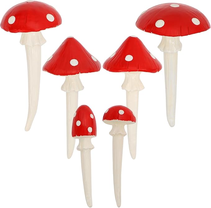 Juegoal Set of 6 Fairy Garden Miniature Mushrooms Statues, Glow in Dark Mini Red Mushroom Resin Figurines, Outdoor Garden Yard Art Accessories, Fly Agarics Sculpture Lawn Ornament Decorations