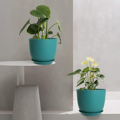 Modern Plant Pots Set, 9/8/7.5 inch Plastic Planters for Indoor Plants, Stylish Flower Pots with Drainage Holes and Saucers for House Plants and Flowers, Blue