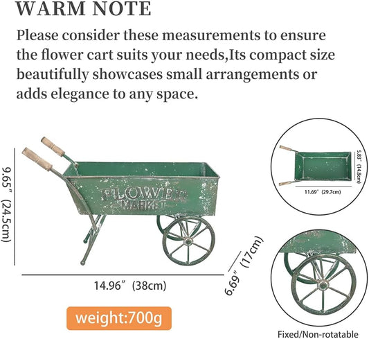 15 Inch Farmhouse Small Flower Cart with Wooden Handles Metal Wagon Planters for Outdoor Plants Decorative Wheelbarrow Plant Cart for Patio Garden Balcony Green