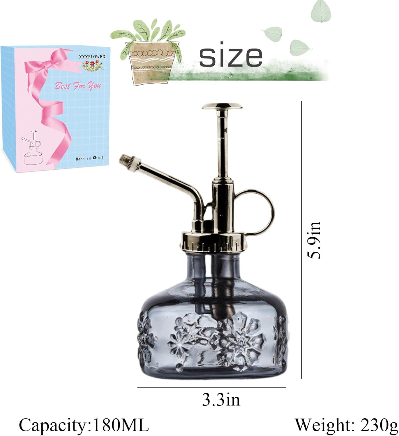 XXXFLOWER Glass Plant Mister Spray Indoor Plant Spritzer Succulent Watering Bottle with Bronze Pump 6 Inches for Home Decor Vintage (Grey)