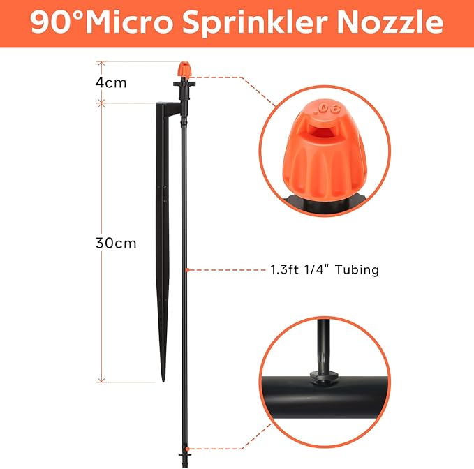 90 Degree Irrigation Sprinkler Heads: Micro Sprinkler Nozzle on 12 Inch Stake with 1/4" Tubing - Drip Spray Emitters for Garden Irrigation System (20 Pack)