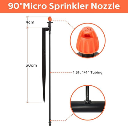 Drip Micro Sprinkler Heads with Stake: 90 Degree Sprinkler Nozzle with 1/4" Drip Irrigation Tubing - 10 Pack Drip Spray Emitters on 12 Inch Stake for Garden Water System