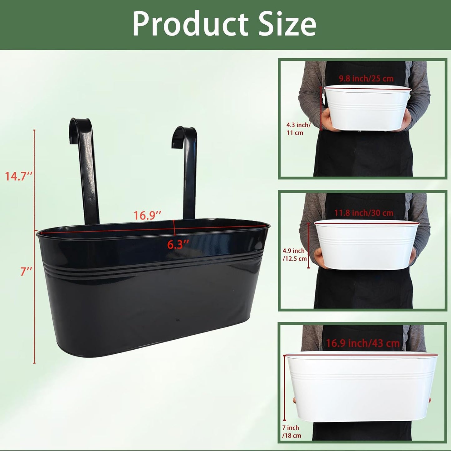 Hanging Planters for Outdoor Plants, 17" Railing Planter Pots, Metal Fence Flower Pot for Porch Balcony with Detachable Hookt (Black, Pack of 8)