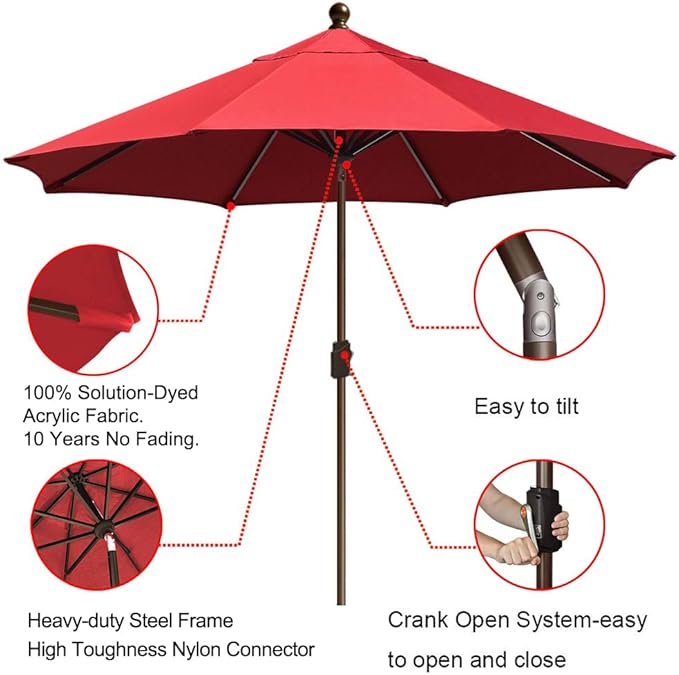 EliteShade USA 10-Year-Non-Fading 9Ft Market Umbrella Patio Umbrella Outdoor Table Umbrella with Ventilation,Logo Red