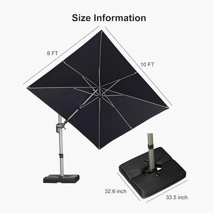 PURPLE LEAF 8' X 10' Left-right Tilting Patio Umbrella with Base Outdoor Swivel Cantilever Offset Aluminum Umbrella with Champagne Frame and 360-degree Rotation for Garden Deck Pool, Navy Blue