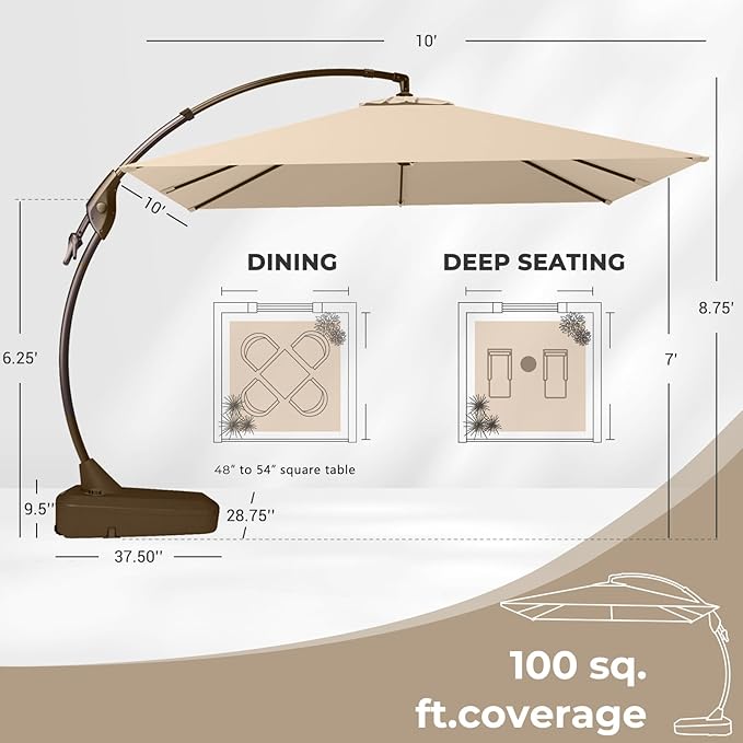Grand patio 10x10 FT Patio Offset Umbrella Large Square Aluminum Cantilever Umbrella Base Included for Deck Porch (Champagne, 10x10 FT)