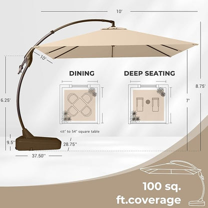 Grand patio 10x10 FT Patio Offset Umbrella Large Square Aluminum Cantilever Umbrella Base Included for Deck Porch (Champagne, 10x10 FT)