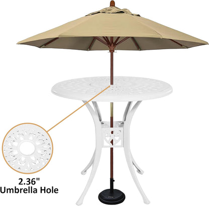 30 inches Patio Table with Umbrella Hole, Round Cast Aluminum Bistro Table for Porch Backyard, White
