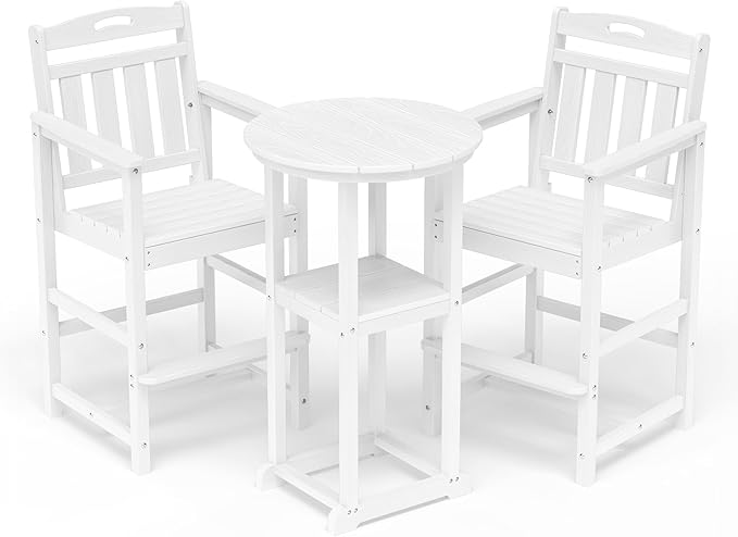 HDPE Outdoor Patio Bar Set with Bar Height Table and 2 Adirondack Chairs, All-Weather High Top Outside Round Pub Furniture for Bistro, Garden, Backyard, Deck | 3-Pieces, White