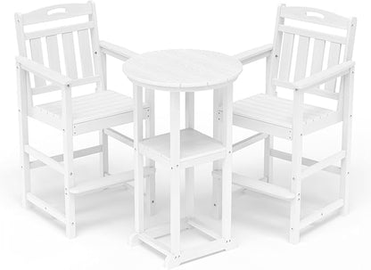 HDPE Outdoor Patio Bar Set with Bar Height Table and 2 Adirondack Chairs, All-Weather High Top Outside Round Pub Furniture for Bistro, Garden, Backyard, Deck | 3-Pieces, White
