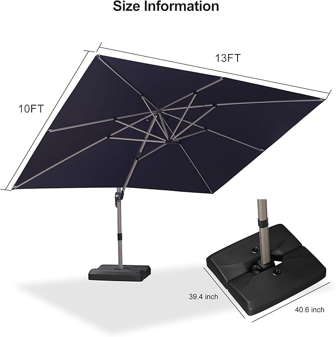 PURPLE LEAF Patio Umbrella with Base Included, 10‘×13’ Outdoor Aluminum Cantilever Umbrella with 360° Rotation, Aluminum Large Offset Umbrella for Outdoor Garden Pool, Navy Blue