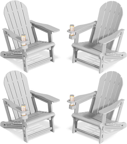 Adirondack Chairs Set of 4, Tool-Free Assembly All-Weather Plastic Adirondack Chairs, HDPE Fire Pit Chairs with Cup Holder, Outdoor Chair for Patio Garden (Grey)