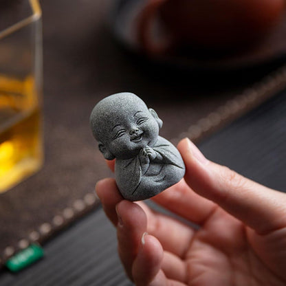 Laughing Buddha Statue Decor - 4Pcs Small Zen Monk Sandstone Buddha Sculpture for Wealth Good Luck Feng Shui Decor, Cute Zen Decoration for Home Office Desk Indoor and Outdoor(Gray)