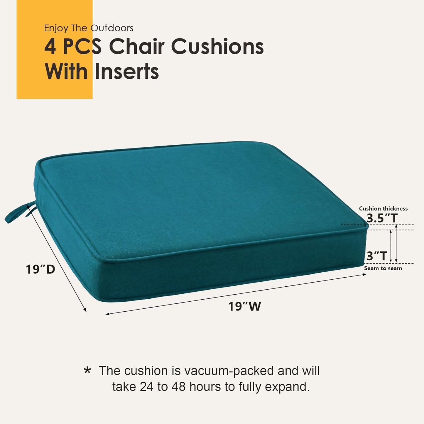 Outdoor Sunbrella Square Corner Seat Cushion, 19"x19"x3", Set of 4, Non Slip Seat Cushion Pads with Removable Cover for Patio Furniture, Garden Yard Lawn, Spectrum Peacock