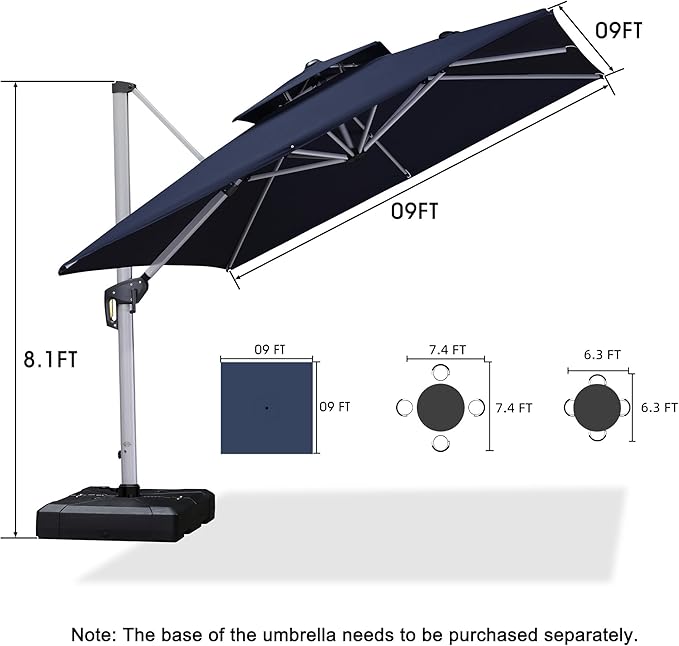 PURPLE LEAF 9ft Patio Umbrella Outdoor Square Umbrella Large Cantilever Umbrella Windproof Offset Heavy Duty Sun for Garden Deck Pool Patio, Navy Blue