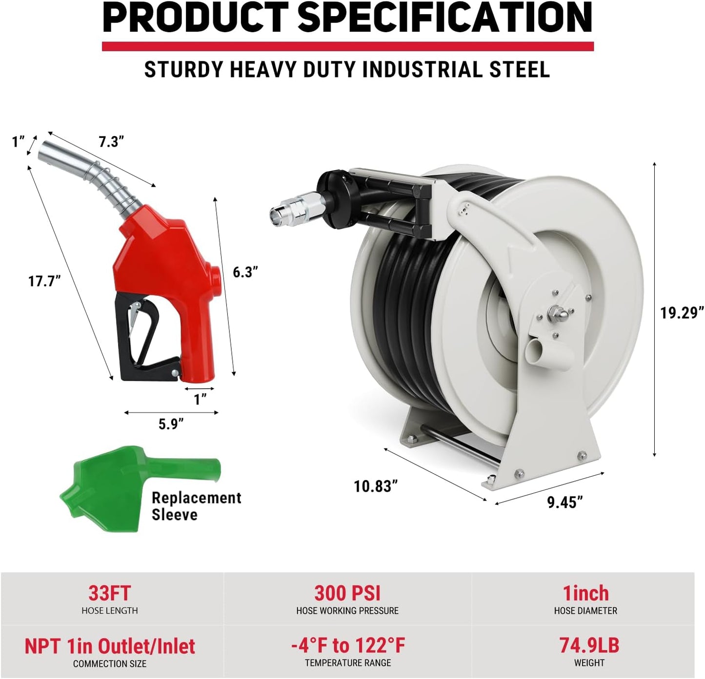 Fuel Hose Reel 1" x 33', 300 PSI Heavy-duty Steel Construction with Refueling Nozzle, Diesel Fuel Reel Used for Aircraft Ship Vehicle Tanker Truck