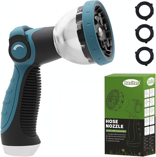 Garden Hose Nozzle, Hose Sprayer Nozzle with 10 Spray Patterns, Thumb Control On Off Valve, High Pressure Metal Water Hose Nozzle for Car Wash, Plants, Pets & Outdoor Cleaning, Blue