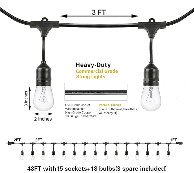 SUNTHIN Outdoor String Lights, 48FT Commercial Grade String Light with 15 11W Dimmable Edison Vintage Bulbs, Hanging for Outside, Patio, Garden, Backyard, Porch, Deck, Pergola, Party
