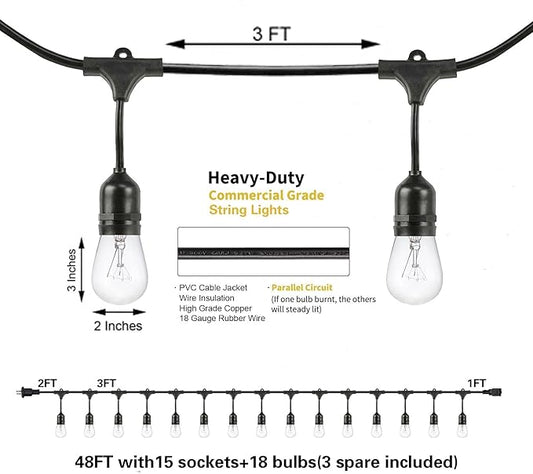 SUNTHIN Outdoor String Lights, 48FT Commercial Grade String Light with 15 11W Dimmable Edison Vintage Bulbs, Hanging for Outside, Patio, Garden, Backyard, Porch, Deck, Pergola, Party