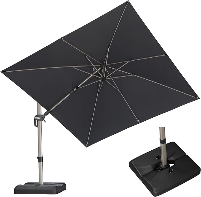 PURPLE LEAF 10' X 10' Left-right Tilting Patio Umbrella with Base Outdoor Swivel Cantilever Offset Aluminum Umbrella with Champagne Frame and 360-degree Rotation for Garden Deck Pool, Grey