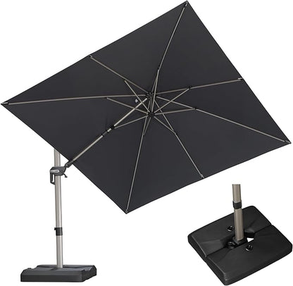 PURPLE LEAF 10' X 10' Left-right Tilting Patio Umbrella with Base Outdoor Swivel Cantilever Offset Aluminum Umbrella with Champagne Frame and 360-degree Rotation for Garden Deck Pool, Grey