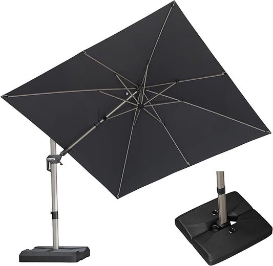 PURPLE LEAF 10' X 10' Left-right Tilting Patio Umbrella with Base Outdoor Swivel Cantilever Offset Aluminum Umbrella with Champagne Frame and 360-degree Rotation for Garden Deck Pool, Grey