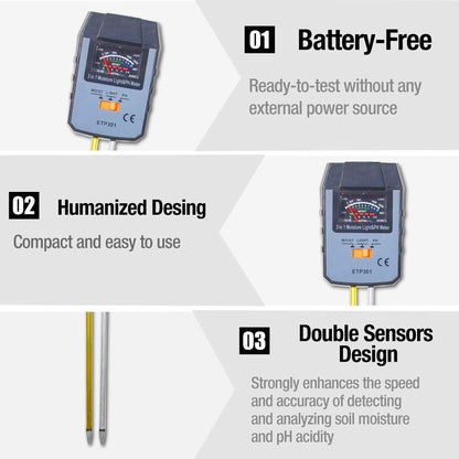 allsun 3 in 1 Soil Monitoring Meter Moisture/Light/PH Tester for Garden Farm Plants, No Battery Needed