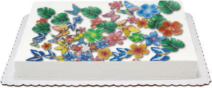 90pcs Edible Butterfly, Flowers and Turtle Back Leaves Cake Topper Cupcake Toppers Wedding Themed Party Birthday Cake Decoration Mixed Size & Colour(Tasteless)