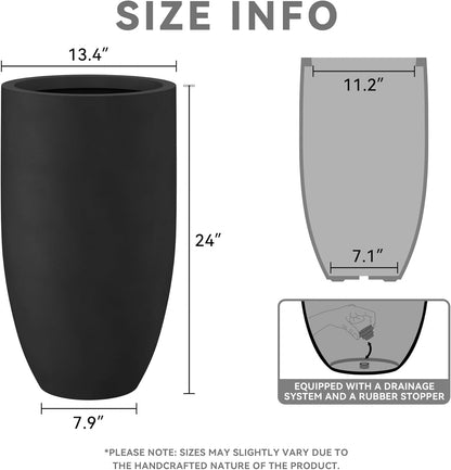 Kante 24 Inch Tall Round Concrete Planter, Large Indoor Outdoor Plant Pots with Drainage Hole and Rubber Plug, Modern Decorative Garden Pots for Home Patio Porch, Black