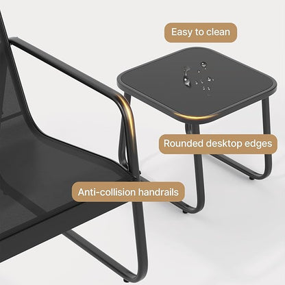 Gizoon Patio Chairs Set of 2, Patio Fumiture Set with Metal Fframe Glass Table, Outdoor Chairs Set of 2 for Balcony Bistro Table and Chair Set for Lawn, Black