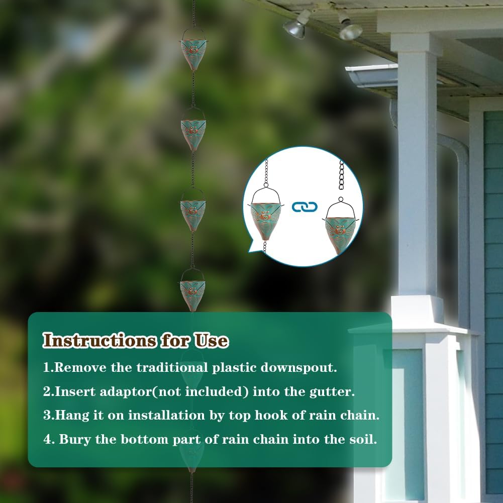 10 FT Rain Chain for Outside, Rain Chain with 10 Bee Pattern Cups Adjustable Rain Catcher Chain for Gutters, Eaves, Drainage, Replacement for Downpout