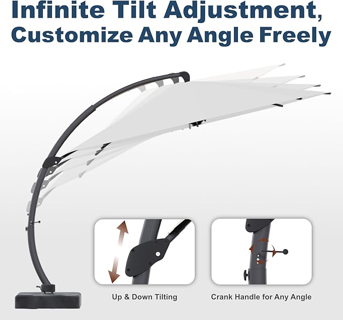 12FT Cantilever Umbrella with Base Large Curvy Outdoor Aluminum Offset Umbrella w/ 360° Rotation, UV Resistant Canopy for Patio, Garden, Backyard, Light Gray