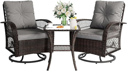 3 Pieces Patio Furniture Set, Outdoor Swivel Glider Rocker, Wicker Patio Bistro Set with Rocking Chair, Thickened Cushions and Table for Porch (Grey)