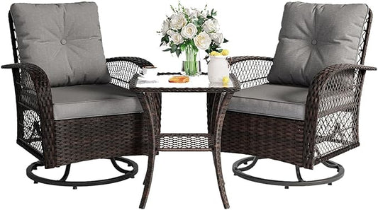 3 Pieces Patio Furniture Set, Outdoor Swivel Glider Rocker, Wicker Patio Bistro Set with Rocking Chair, Thickened Cushions and Table for Porch (Grey)