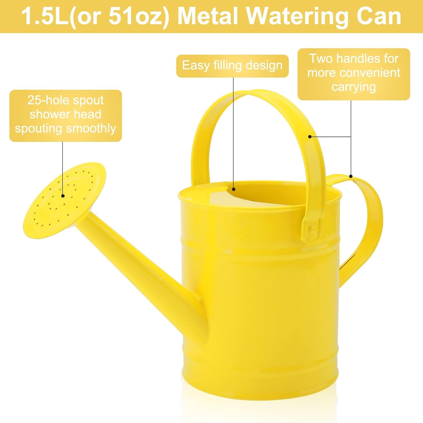 Finderomend Metal Watering Can 1.5L/51oz, Iron Art for Outdoor Plants, Yellow