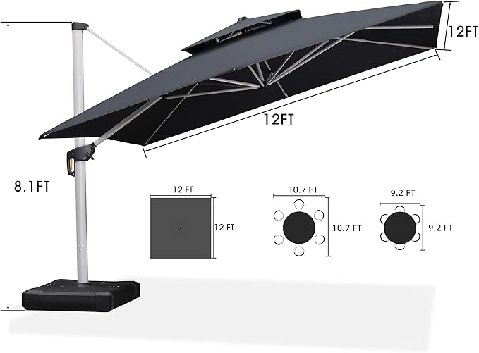 PURPLE LEAF 12 FT Cantilever Umbrellas with Base Included, Offset Umbrella with 360° Rotation, Outdoor Aluminum Pool Umbrella for Pool Lawn Garden, Grey