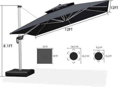 PURPLE LEAF 12 FT Cantilever Umbrellas with Base Included, Offset Umbrella with 360° Rotation, Outdoor Aluminum Pool Umbrella for Pool Lawn Garden, Grey