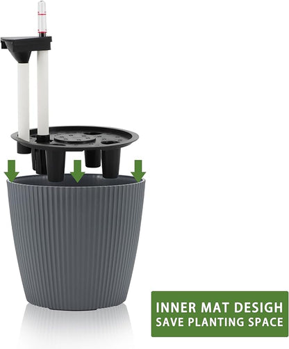 Dexceder 11x10 Self Watering Planters Indoor, Inner Mat Design, Table Flower Plant Pot with Water Level Indicator (2 Pack, Gray)