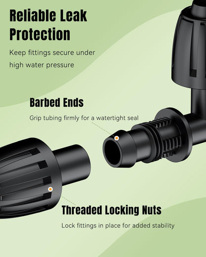 Pawfly 15 Pcs Drip Irrigation Fittings for 1/2 Inch Irrigation Tubing (1/2" ID x 0.64" OD), 1/2" Drip Line T Connectors with Anti-Drop Lock Nuts, Barbed Tees for Garden Irrigation System