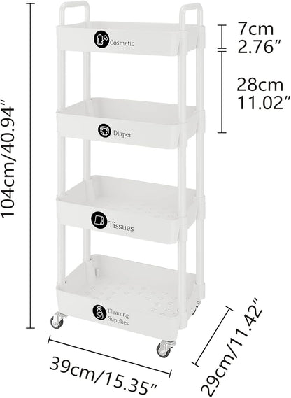 UDEAR 4-Tier Rolling Utility Cart with 12 Category Labels,Multifunctional Storage Shelves with Handle and Lockable Wheels for Room,Office,Kitchen,Bathroom,White