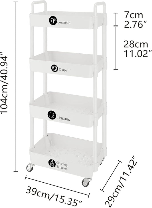 UDEAR 4-Tier Rolling Utility Cart with 12 Category Labels,Multifunctional Storage Shelves with Handle and Lockable Wheels for Room,Office,Kitchen,Bathroom,White