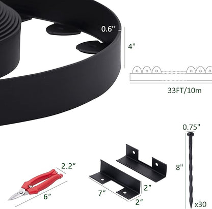 Landscape Edging, 33' 4" Tall Garden Edging with Scissors, Lawn Edging with 30 Garden Spikes and 2 Connectors, Heavy Duty PP&PE Material Edging for Landscaping, Garden, Lawn, Black