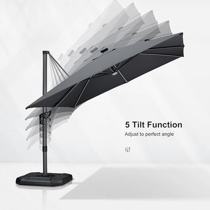 PURPLE LEAF 10 Feet Patio Umbrella Outdoor Cantilever Solar Powered LED Square Umbrella Aluminum Offset Umbrella with 360-degree Rotation for Garden Deck Pool Patio Light Grey