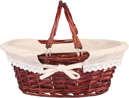 2 Pack Medium Size Wicker Basket with Handle, 12.6x9x4.7 in Wicker Picnic Basket with Liner, Empty Gift Basket, Oval Willow Woven Basket for Fruit, Candy, Wine, Gathering, Wedding, Picnic,by GNIEMCKIN